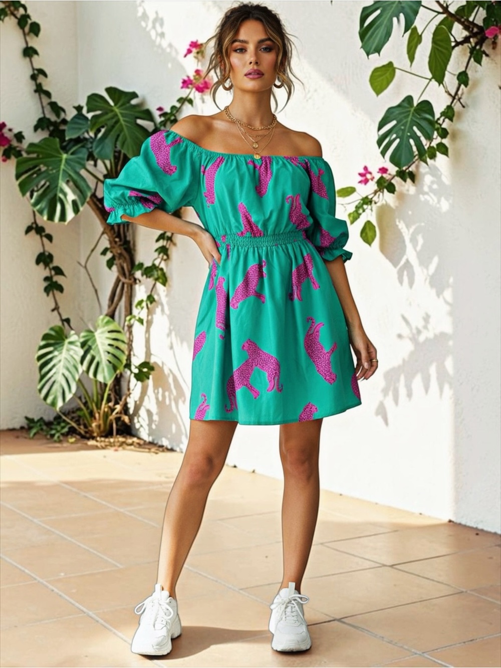 Teal & Pink Leopard Print Off-the-Shoulder Mini Dress | Size Small